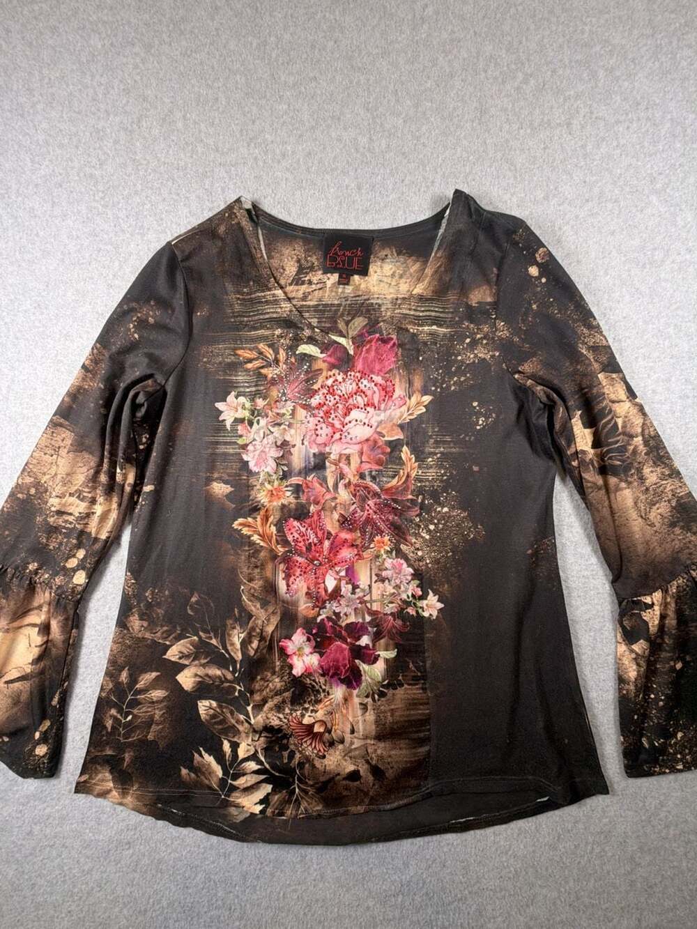 French Blue Y2K Floral Graphic Bell Sleeve Embellished Top